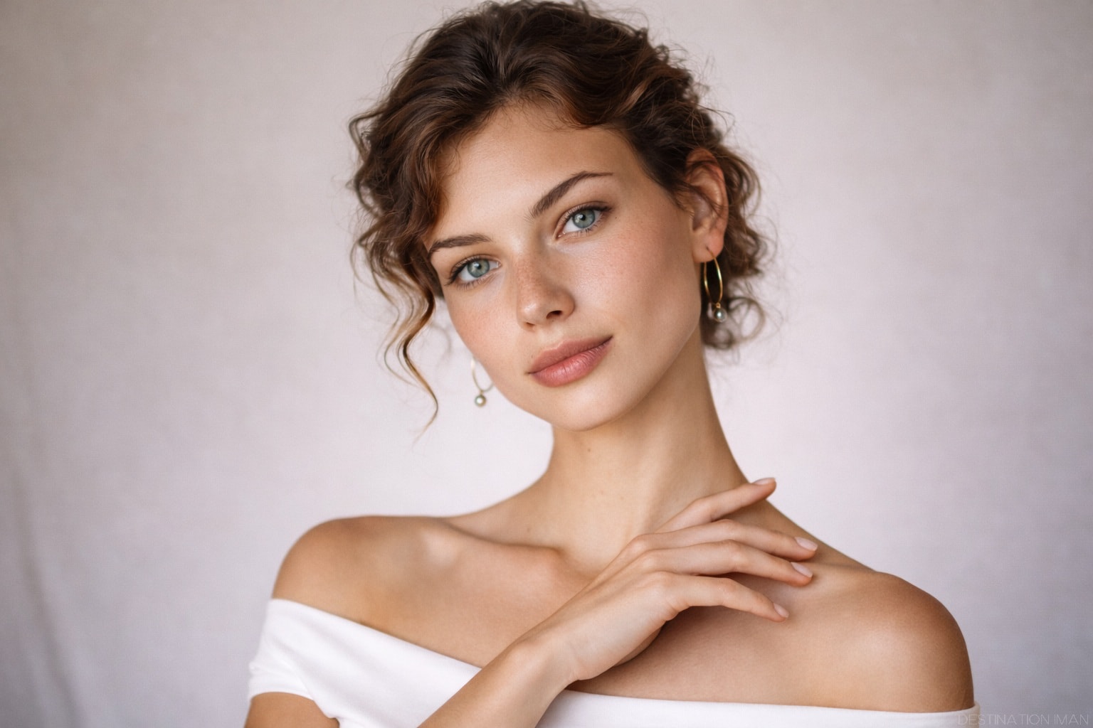 Beauty portrait demonstrating elegant hand placement on collarbone with soft relaxed fingers