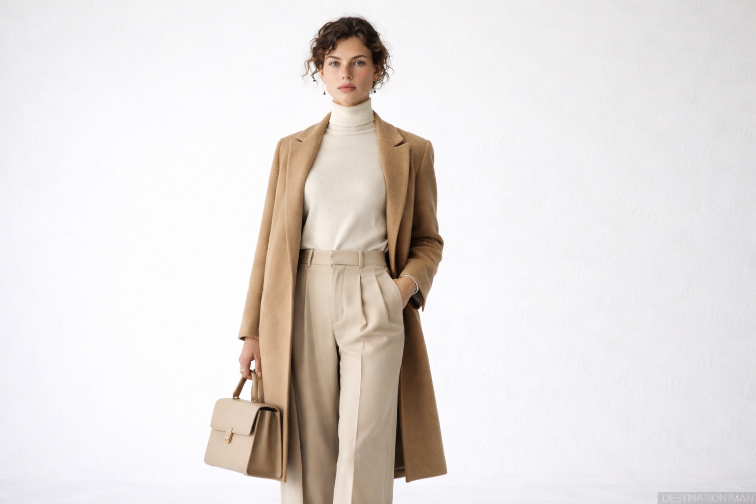 Elegant woman wearing sophisticated monochromatic neutral outfit in beige and camel tones demonstrating timeless neutral styling