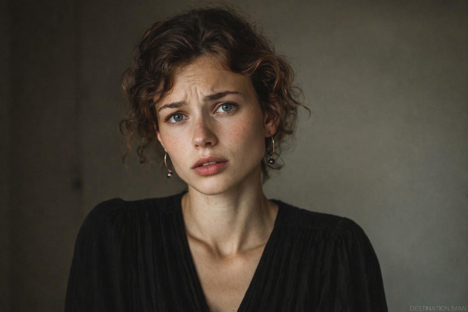 Portrait showing subtle emotional tension and self-awareness in front of the camera, with visible micro-expressions and facial muscle tension
