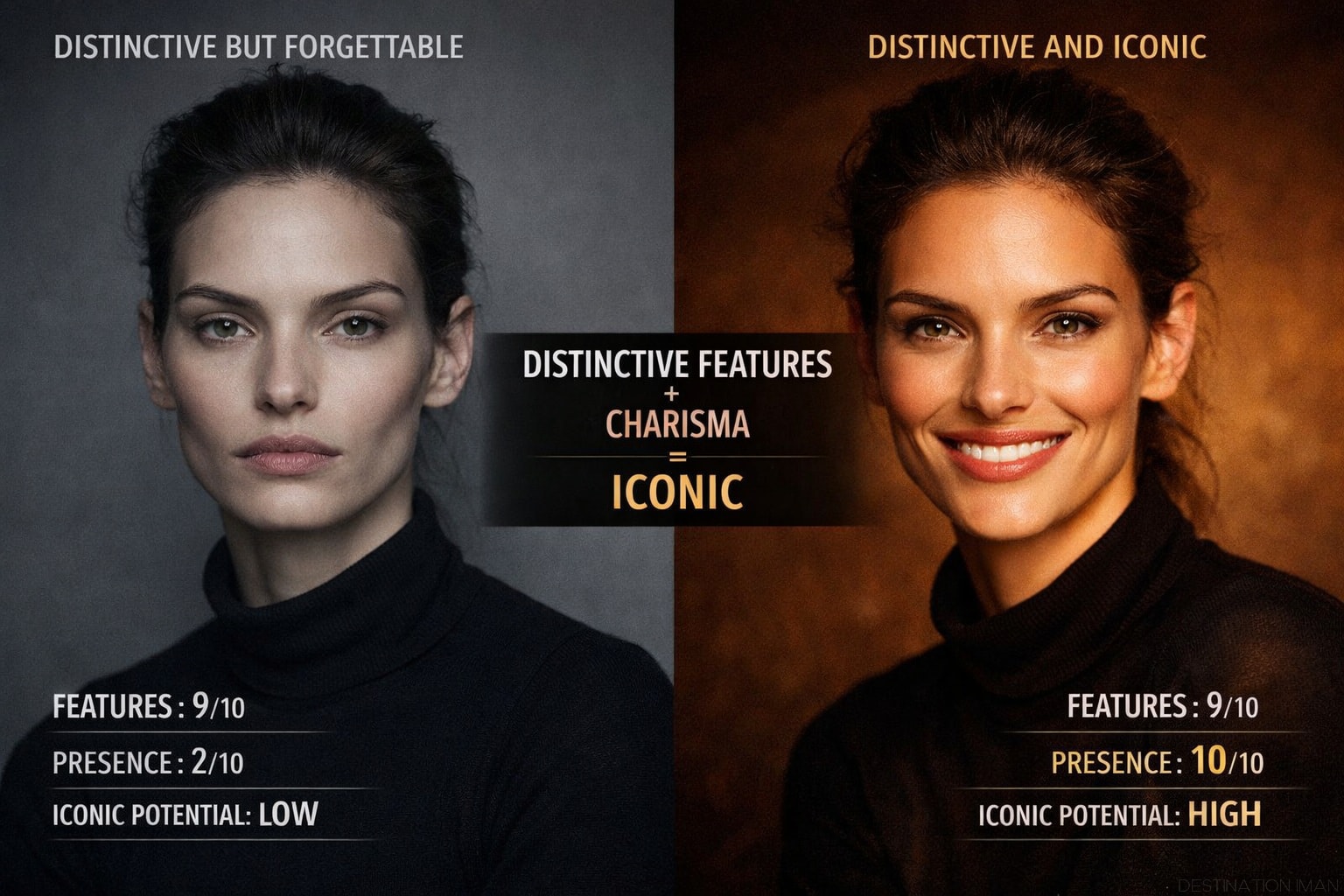 Comparison grid showing same distinctive face with neutral lifeless expression labeled 'DISTINCTIVE BUT FORGETTABLE' versus same face with charismatic engaging expression labeled 'DISTINCTIVE AND ICONIC' demonstrating how presence transforms features