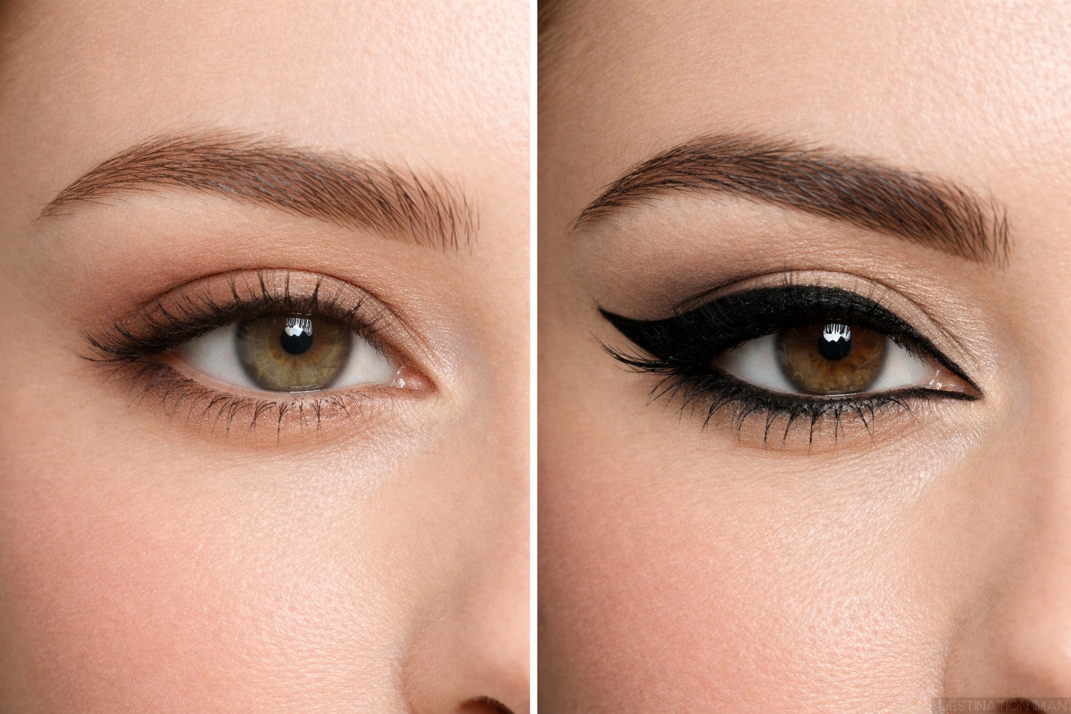 Comparison showing soft brown eyeliner versus harsh black eyeliner on eyes