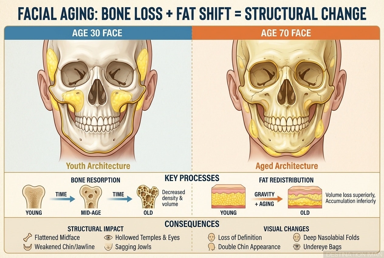 Medical diagram comparing facial structure at age 30 (strong bones, high fat pads) versus age 70 (bone resorption, fat redistribution downward creating jowls)