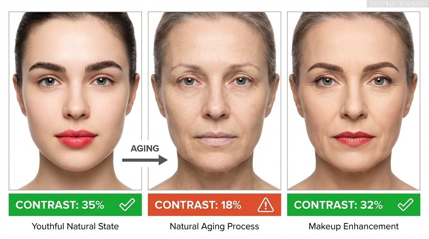 Three-panel comparison showing facial contrast decline with age: youthful high-contrast face, aged low-contrast face, and aged face with makeup restoring contrast to youthful levels