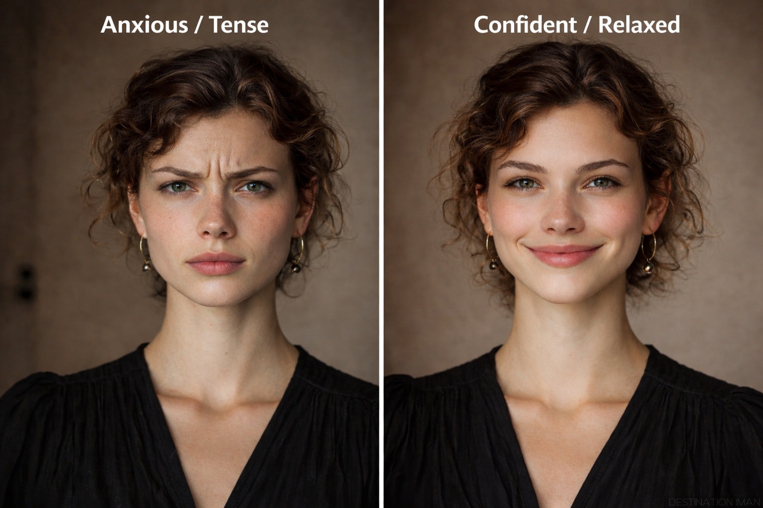 Close-up facial diagram highlighting confidence microexpression zones: relaxed forehead, soft steady eyes, genuine Duchenne smile with crow's feet, relaxed jaw, open expression—contrasted with tense anxious face showing furrowed brow, tight jaw, forced smile