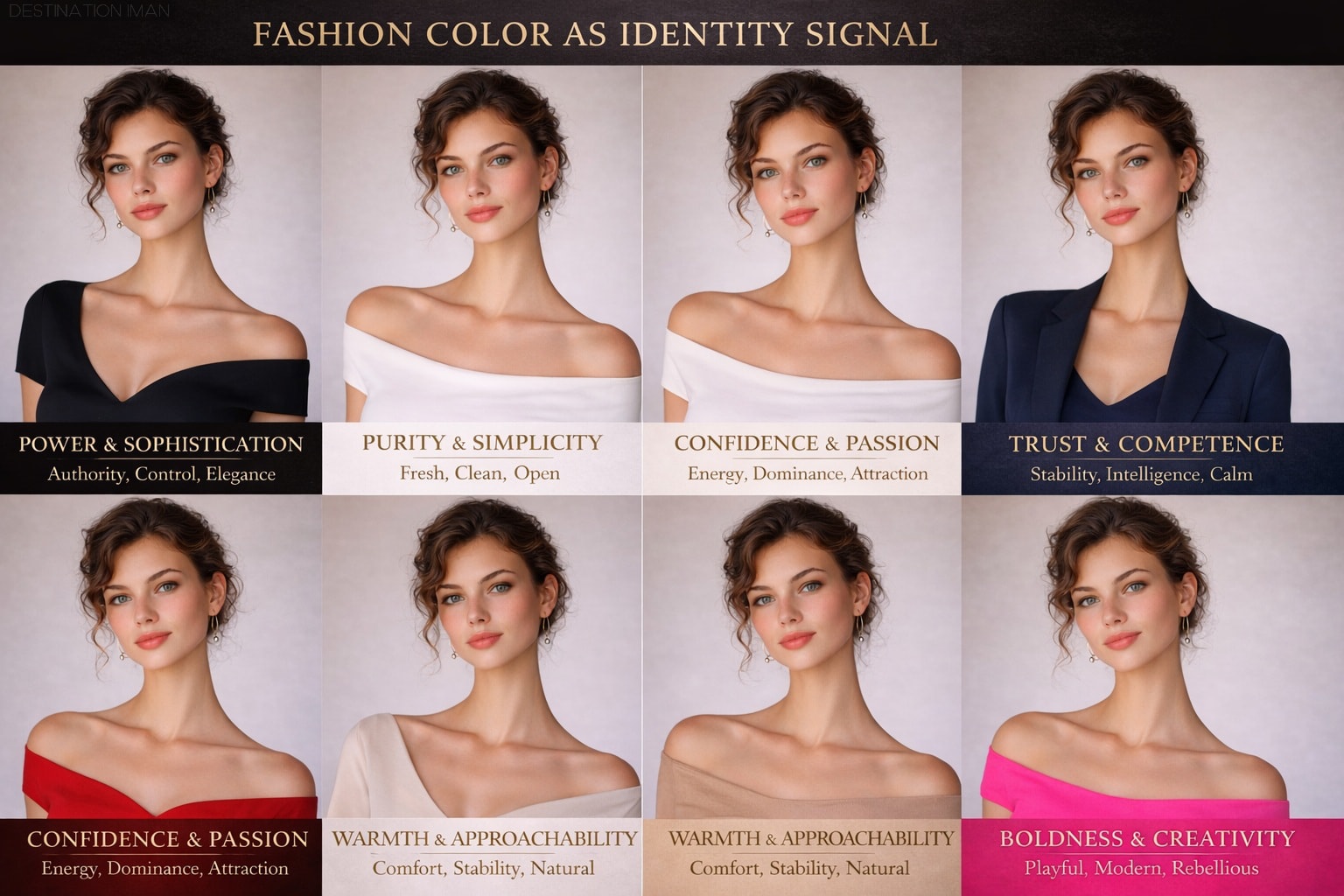 Grid showing same woman in six different color outfits: black (powerful), white (pure), red (confident), navy (trustworthy), earth tones (approachable), neon (bold), each demonstrating distinct perceived personality