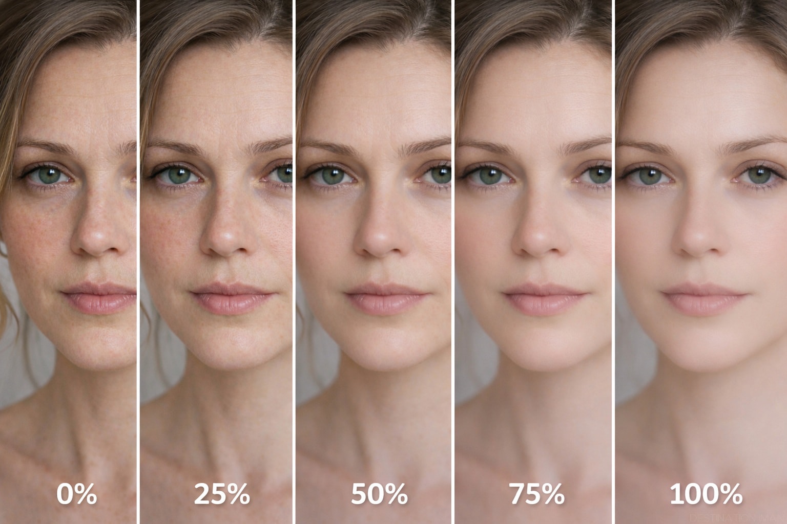 Progressive beauty filter intensity comparison showing the same face with increasing levels of digital enhancement from 0% natural to 100% filtered