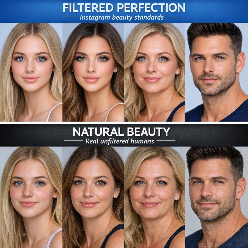 Direct comparison showing same four people in filtered perfection mode (top) with smooth skin, enlarged eyes, and Instagram beauty standards versus natural unfiltered reality (bottom) with visible texture, authentic features, and human imperfection