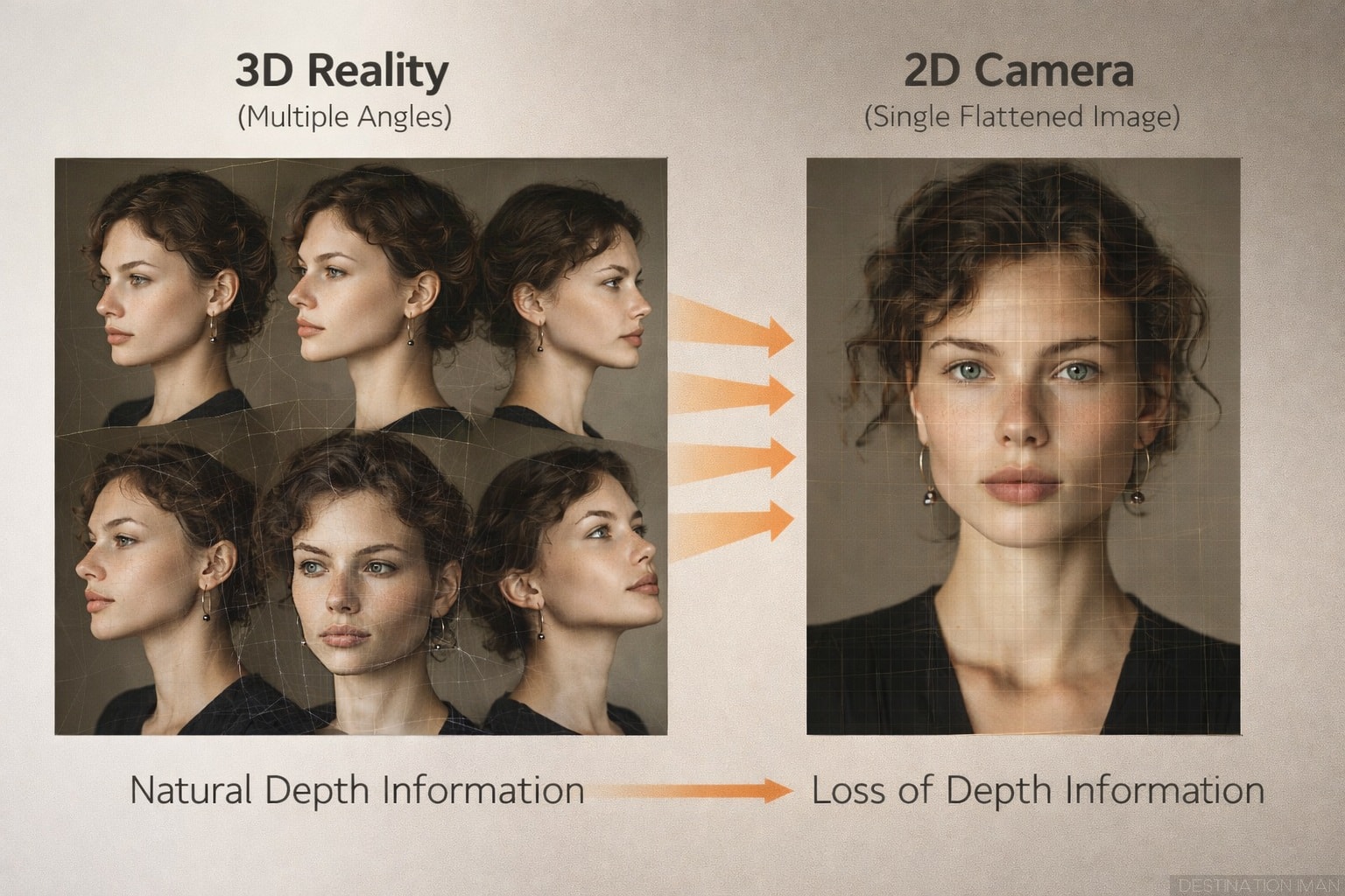 Comparison showing how real three-dimensional facial information from multiple angles is flattened into a single two-dimensional camera image, resulting in loss of depth information