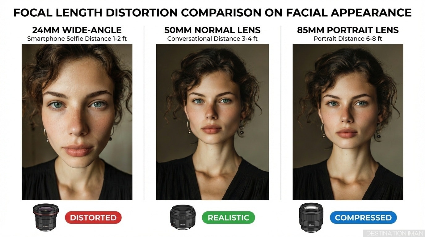Three-panel comparison showing same woman photographed at different focal lengths: left shows 24mm wide-angle with exaggerated nose and distorted proportions labeled 'Smartphone Selfie Distortion'; center shows 50mm normal lens with natural proportions labeled 'Neutral'; right shows 85mm portrait lens with flattering compression labeled 'Professional Portrait Flattering'