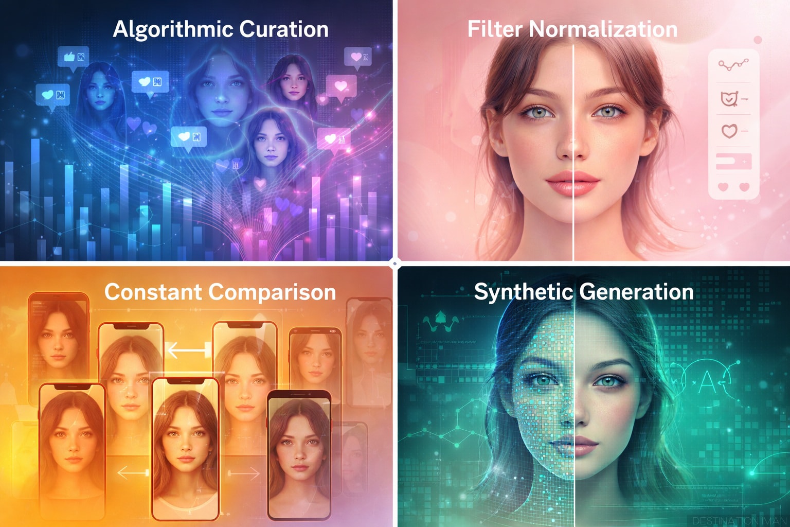 Four mechanisms that reshaped beauty: algorithmic curation, filter normalization, constant comparison, and synthetic generation
