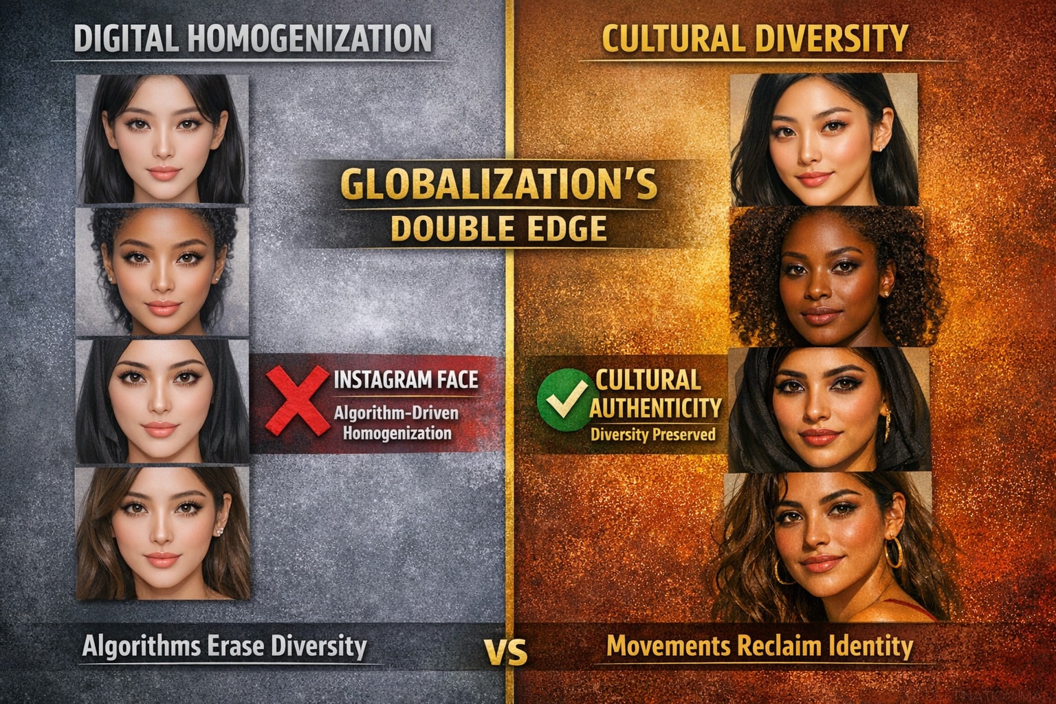 Split-screen showing Instagram-face homogenization on left (identical filtered faces of different ethnicities) versus cultural diversity celebration on right (distinctive cultural beauty practices maintained)