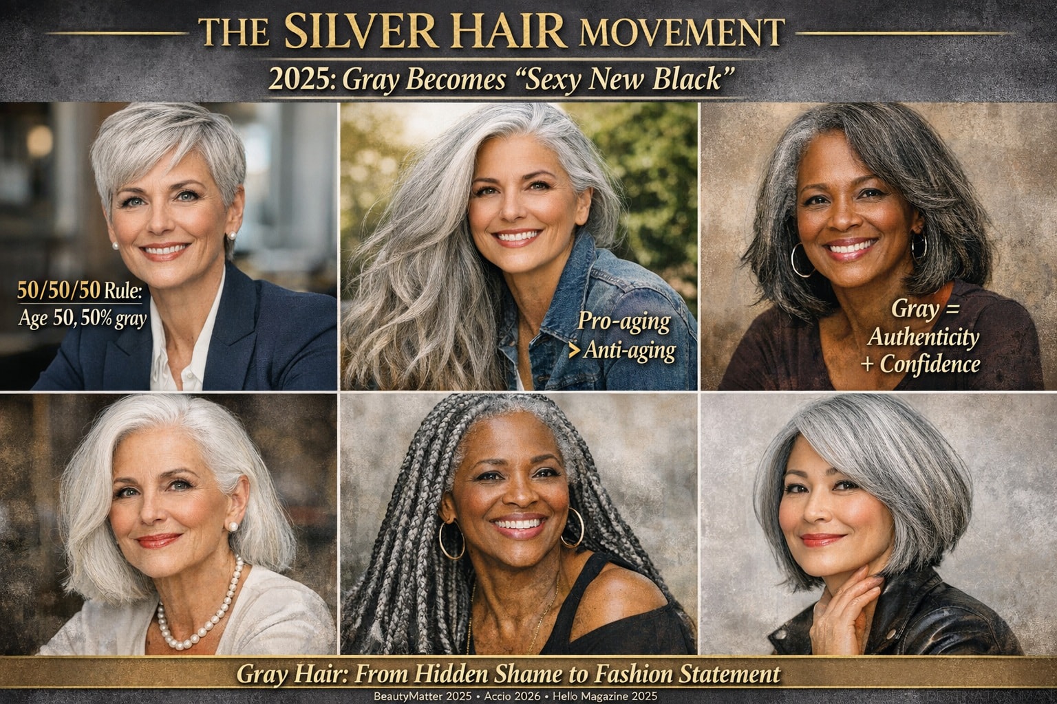 Collage of six diverse women with natural gray and silver hair in various styles, celebrating 2025 silver hair movement where gray became fashion statement rather than aging marker