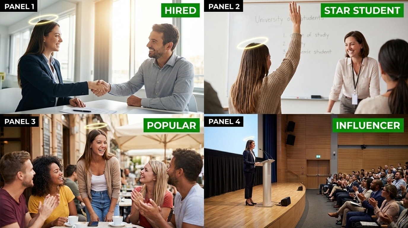 Four-panel grid showing halo effect in different contexts: job interview with attractive candidate getting positive response, classroom with teacher favoring attractive student, courtroom with jury viewing attractive defendant sympathetically, dating app with attractive profile getting more matches