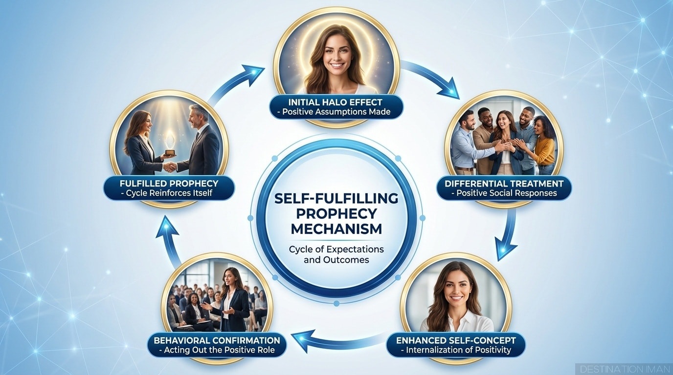 Circular diagram showing self-fulfilling prophecy: attractive person → halo effect assumptions → positive social treatment → genuine confidence develops → behaviors confirm assumptions → cycle reinforces, with arrows connecting each stage in continuous loop