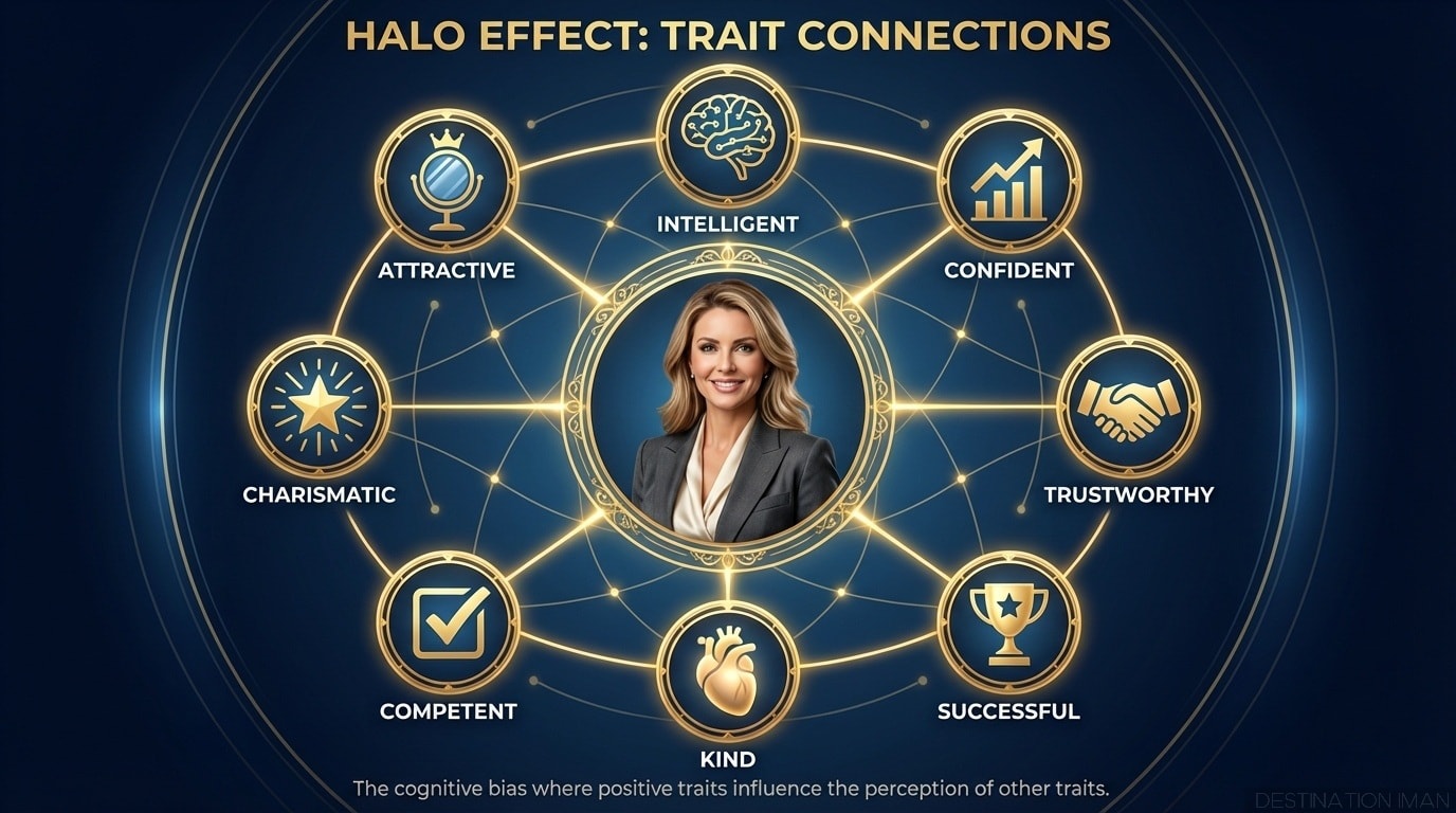 Circular web diagram with attractive face in center connected by glowing lines to surrounding trait bubbles: intelligent, confident, trustworthy, successful, kind, competent, charismatic, emotionally stable—all traits assumed based on single positive characteristic