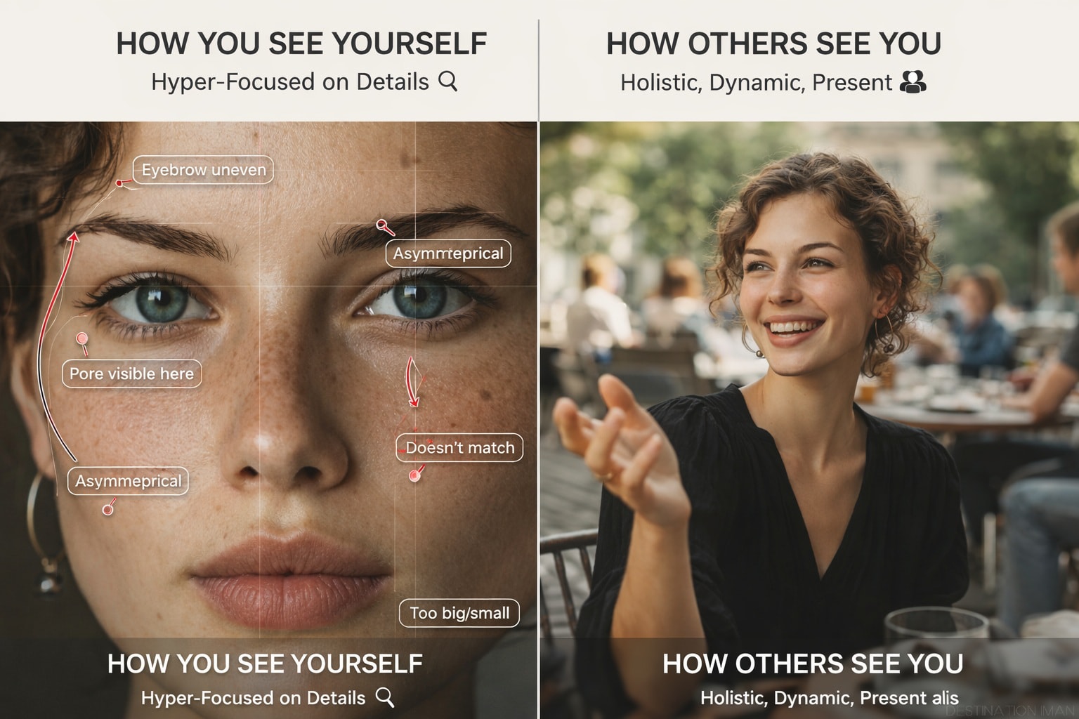 Split comparison showing left side with extreme close-up of face annotated with critical labels like 'eyebrow uneven' and 'asymmetrical', versus right side showing same woman laughing naturally at outdoor café with people in background