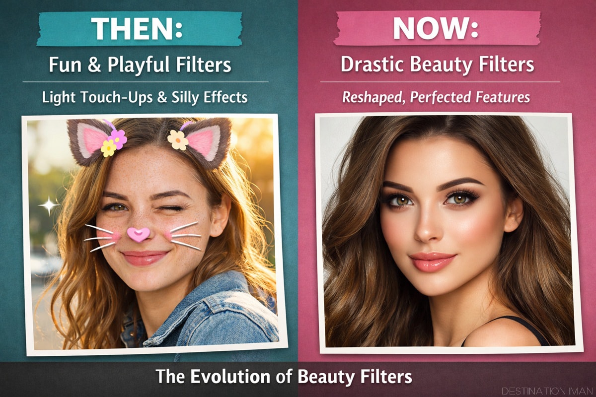 Illustration showing how beauty filters influence self-image and perception in digital environments