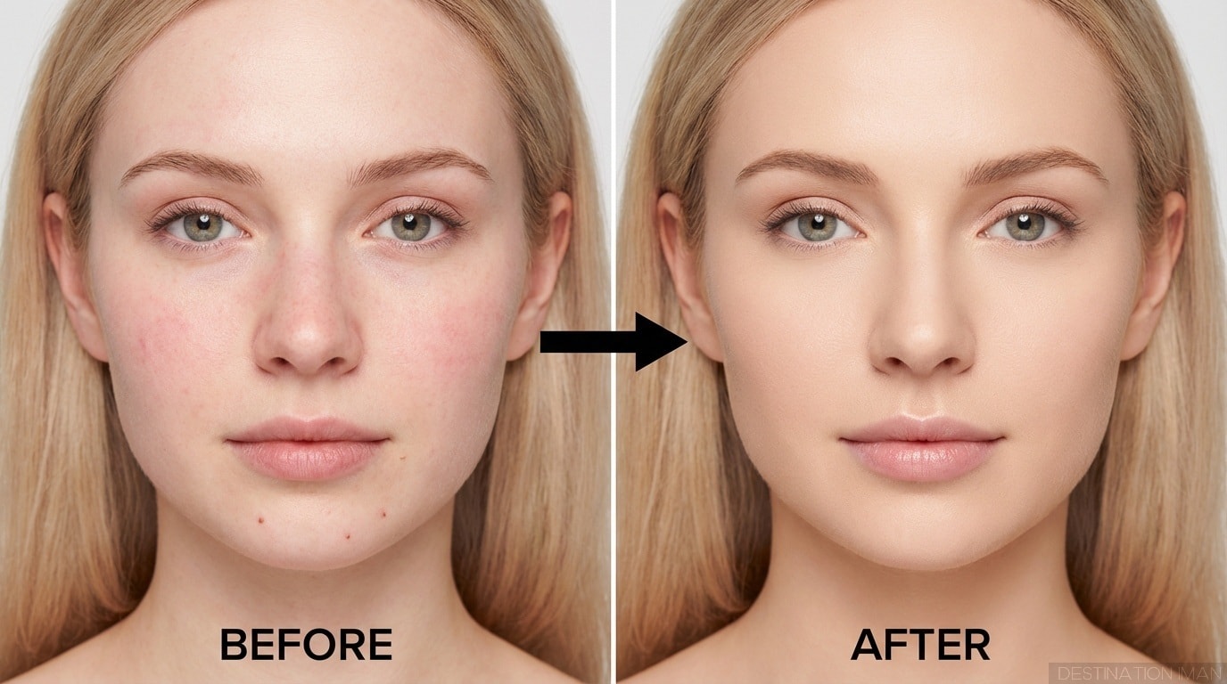 Demonstration of green color corrector neutralizing redness on skin