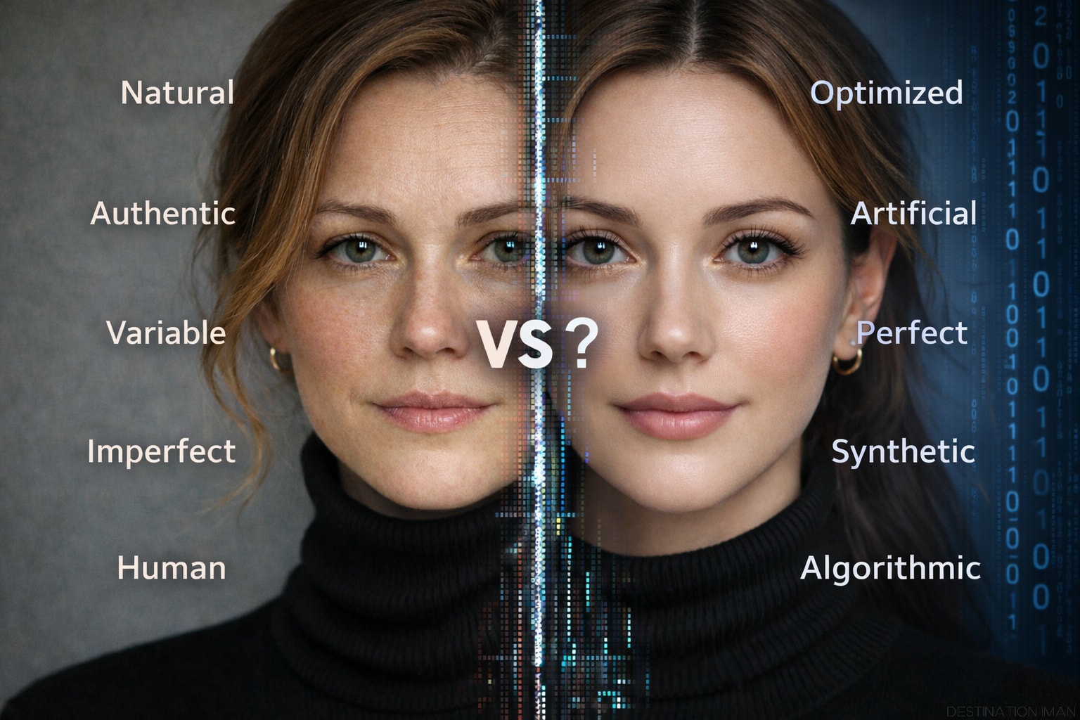 Conceptual split-screen comparison showing natural authentic human identity on left (visible texture, imperfections, warm tones) versus AI-optimized synthetic ideal on right (flawless skin, perfect features, algorithmic precision, digital aesthetic)