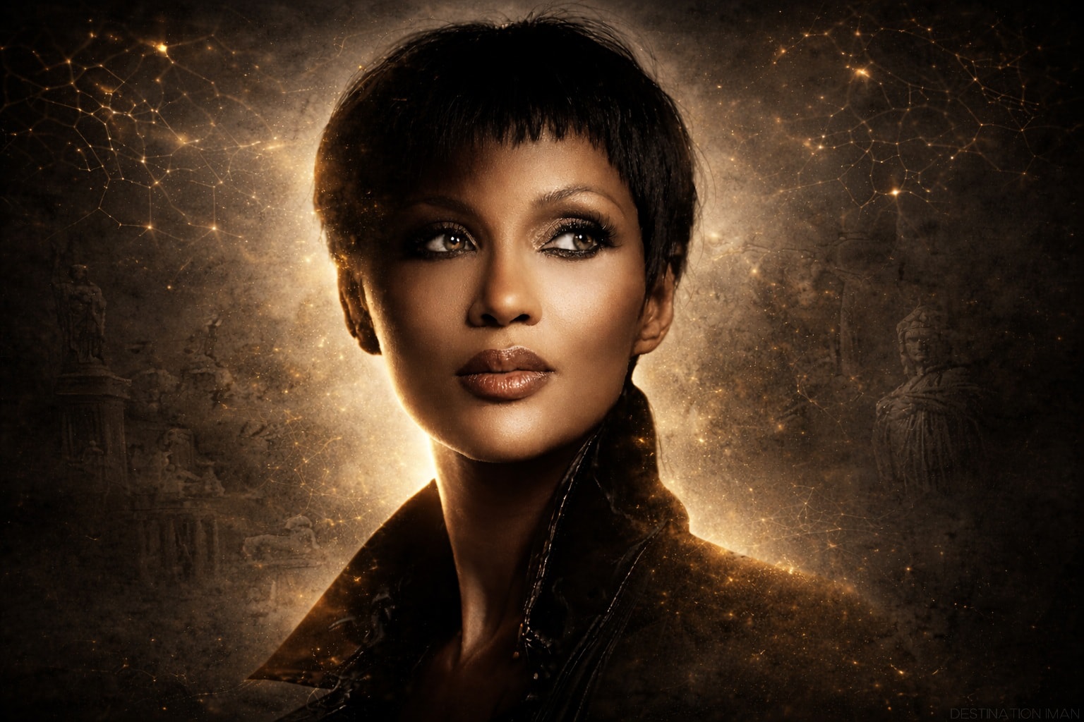 Conceptual artistic portrait showing iconic face emerging from shadows with distinctive features illuminated, surrounded by visual elements suggesting memory, recognition, cultural resonance, and timeless quality