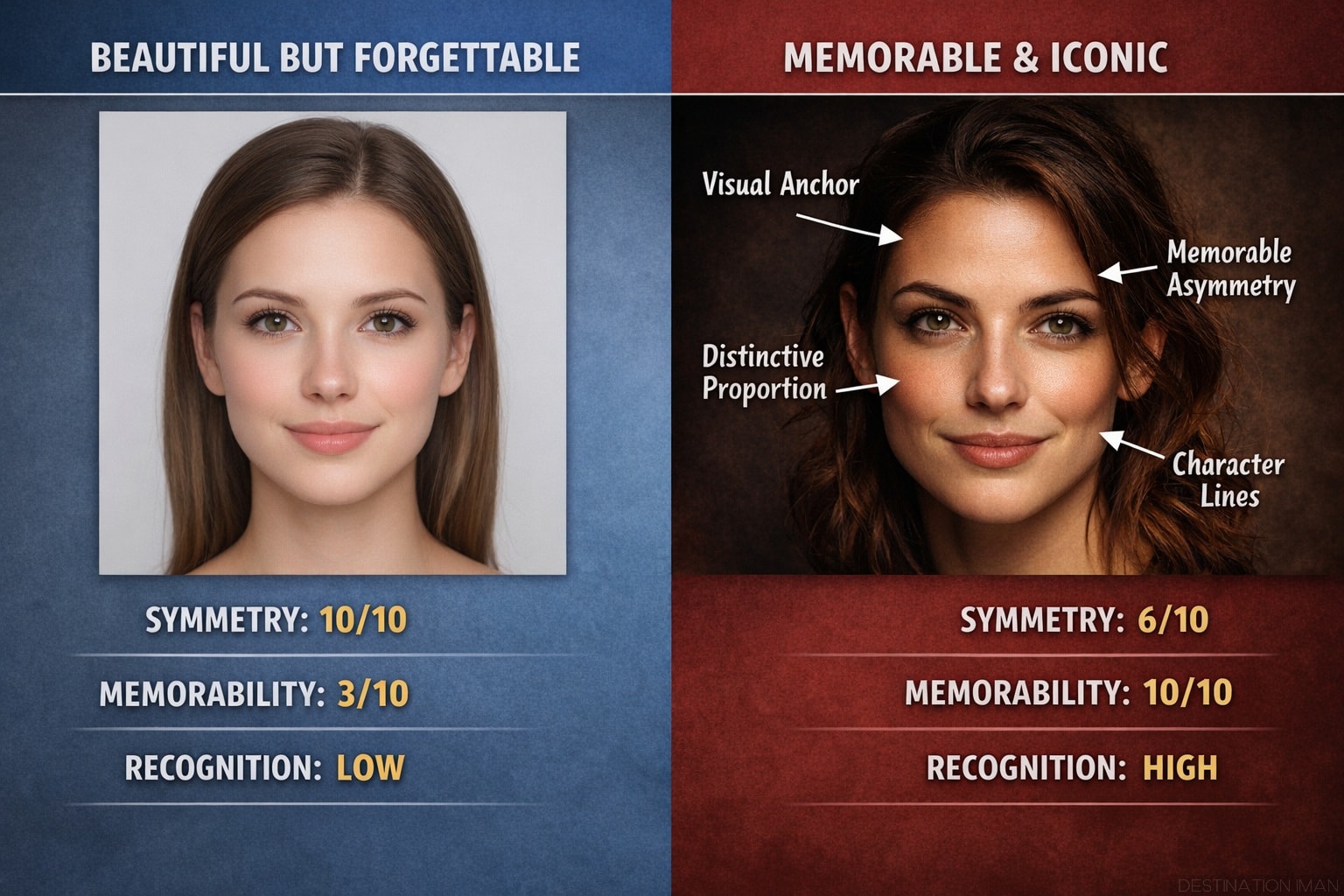 Split comparison showing left side with perfectly symmetrical averaged beautiful face labeled 'BEAUTIFUL BUT FORGETTABLE' versus right side showing distinctive asymmetric face with unique features labeled 'MEMORABLE & ICONIC' with arrows highlighting distinctive elements