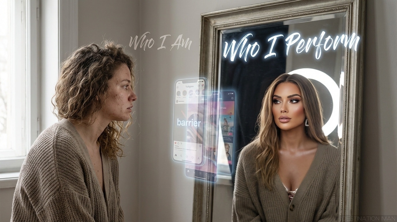 Conceptual mirror image showing identity gap: woman with natural hair and minimal makeup labeled 'Who I Am' faces her mirror reflection showing a heavily styled and filtered version with ring light labeled 'Who I Perform', with translucent smartphone screens marked 'barrier' floating between them