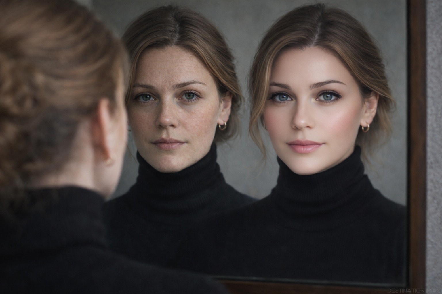Artistic representation of digital identity split showing woman facing mirror with dual reflections - natural physical self and enhanced filtered digital persona