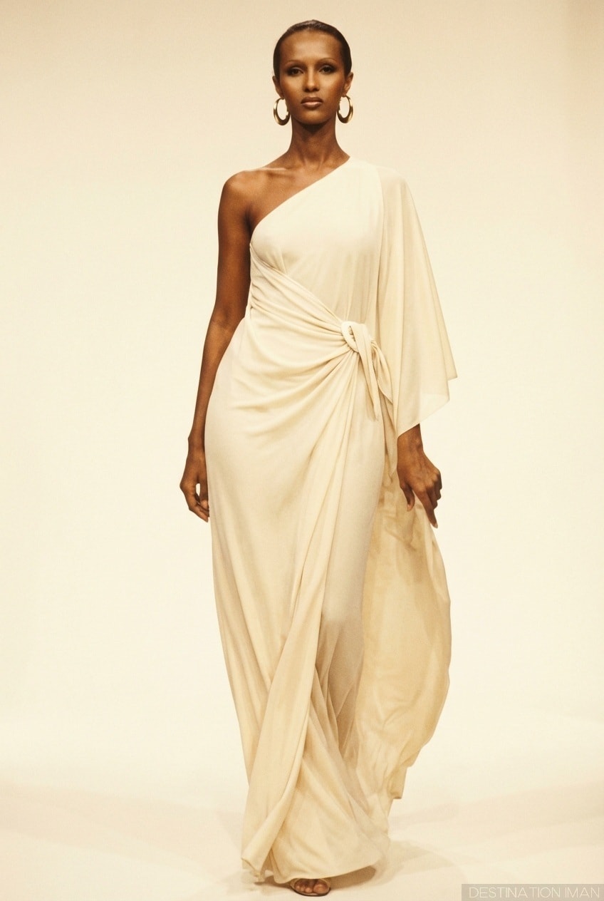 Collage of Iman's 1970s breakthrough fashion moments: Halston white dress