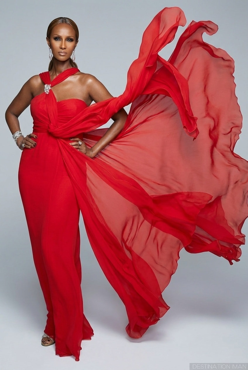 Iman at the 2013 amfAR Gala in a flowing red gown, embodying timeless elegance