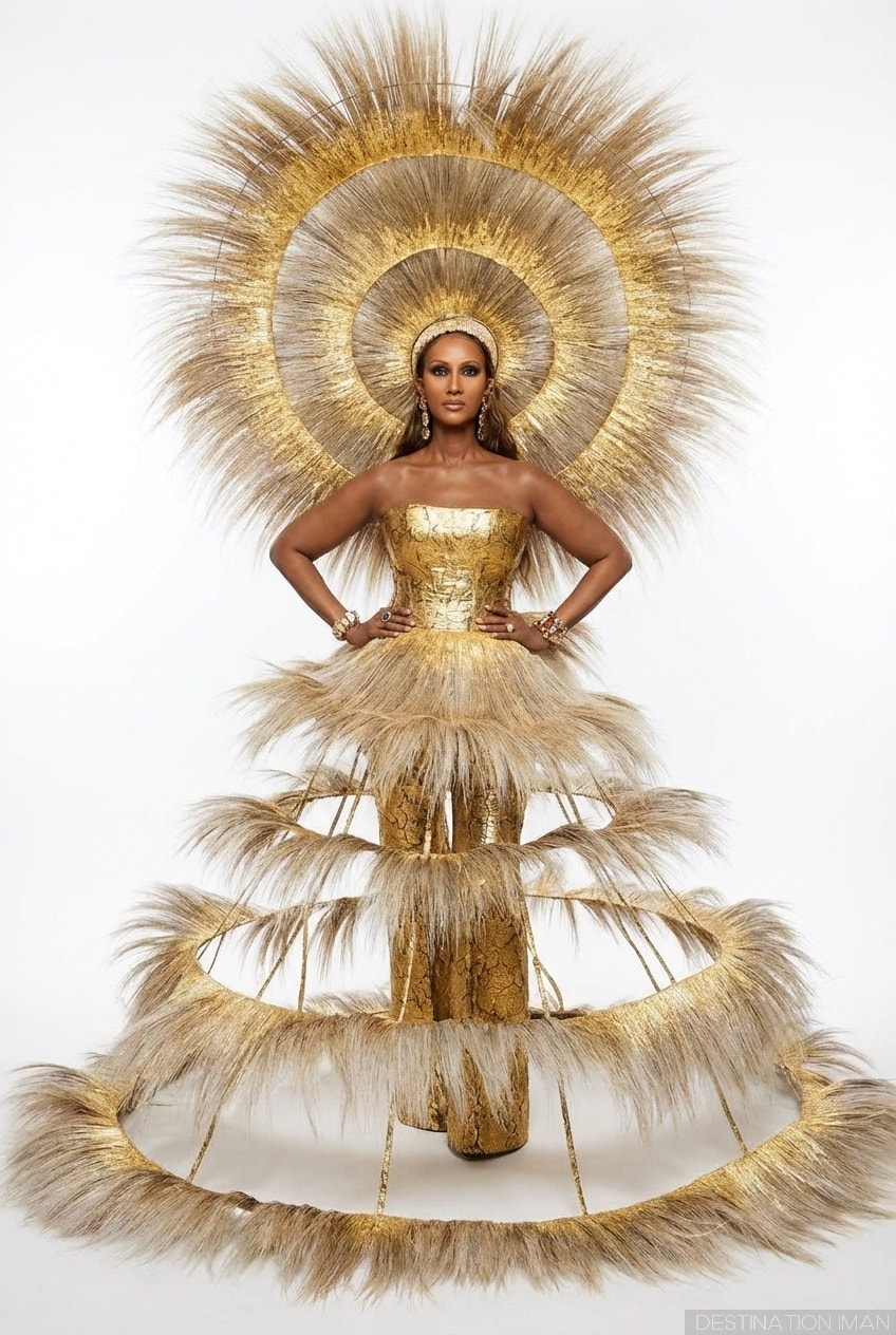 Iman at the 2021 Met Gala wearing a gold halo gown by Harris Reed