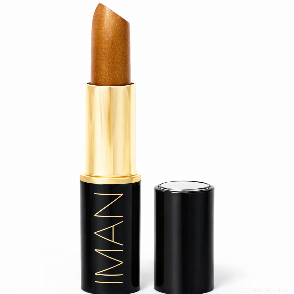 IMAN lipstick in a golden brown shade with black and gold packaging on a white background