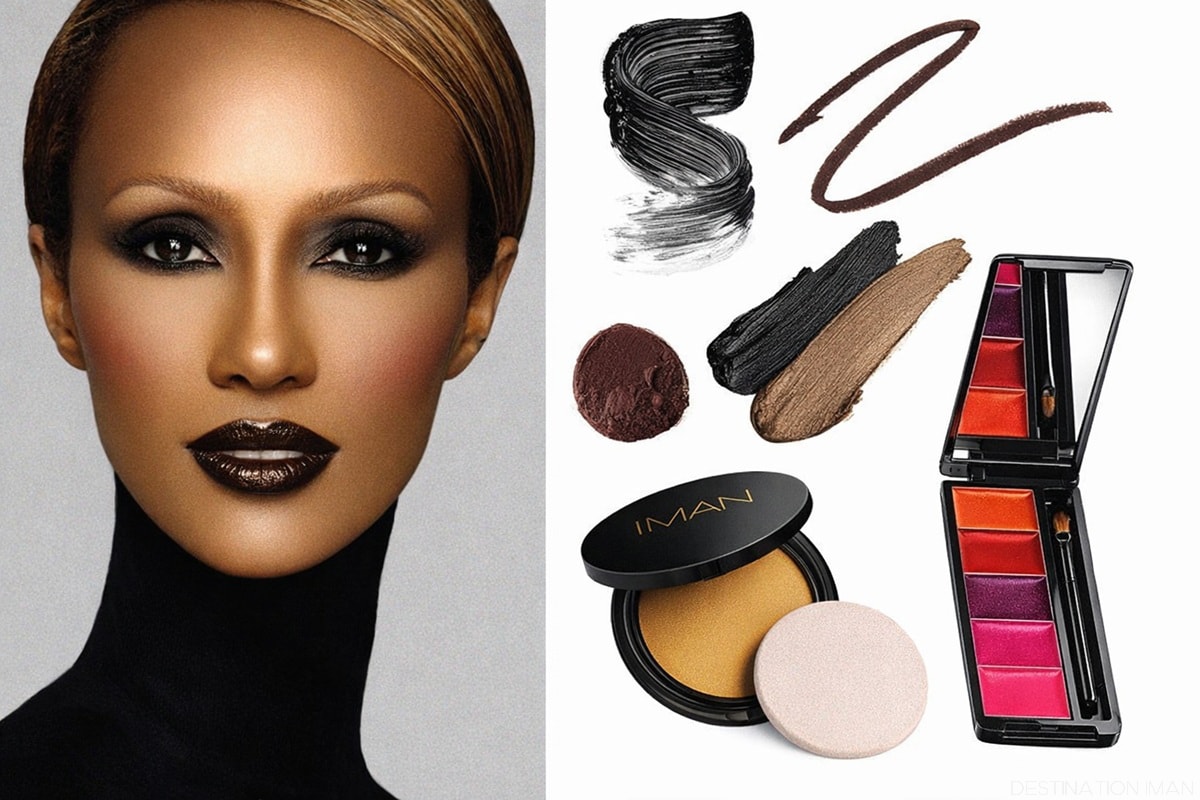 Portrait of Iman with professional makeup and luxury cosmetic products on a white background