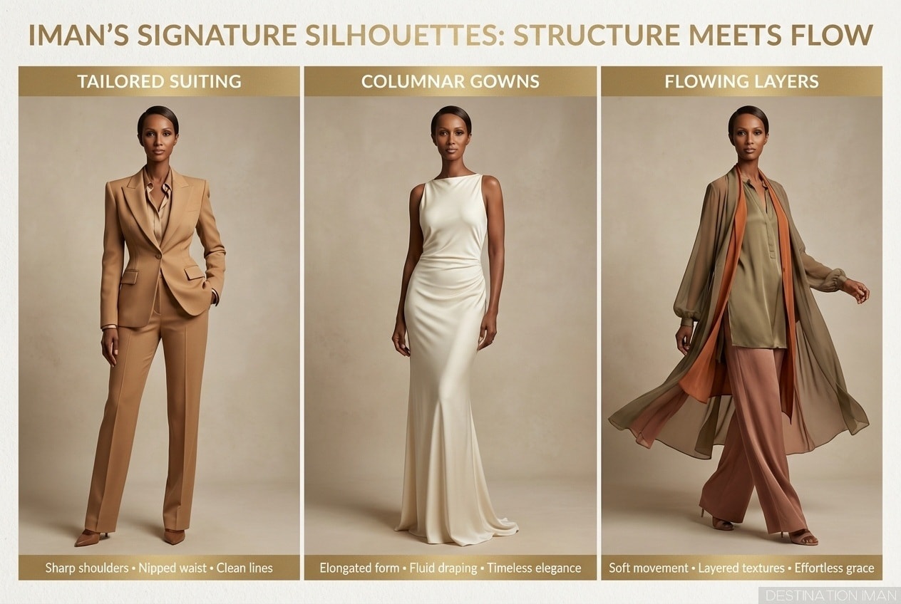 Three-panel image showing Iman's signature silhouettes: tailored suiting, columnar gowns, and flowing separates—structure meets flow