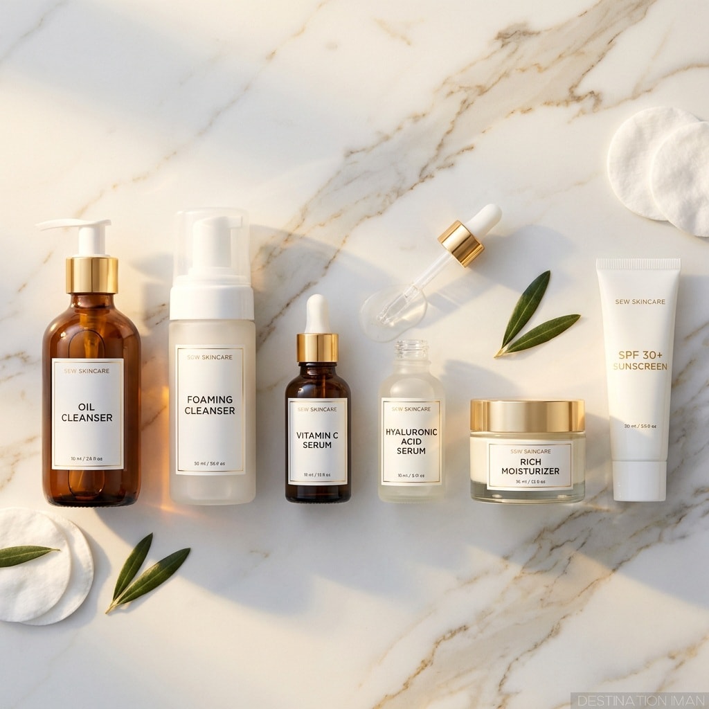 Essential skincare routine products - oil cleanser, vitamin C serum, hyaluronic acid, moisturizer, and SPF arranged in application order