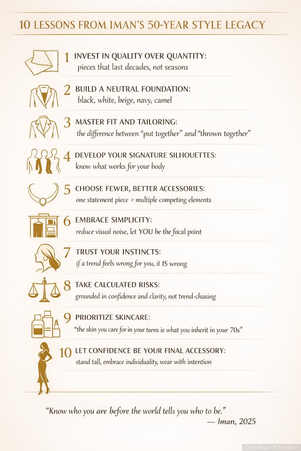 Infographic showing 10 lessons from Iman's timeless style: quality over quantity, neutral foundation, fit and tailoring, signature silhouettes, and confidence