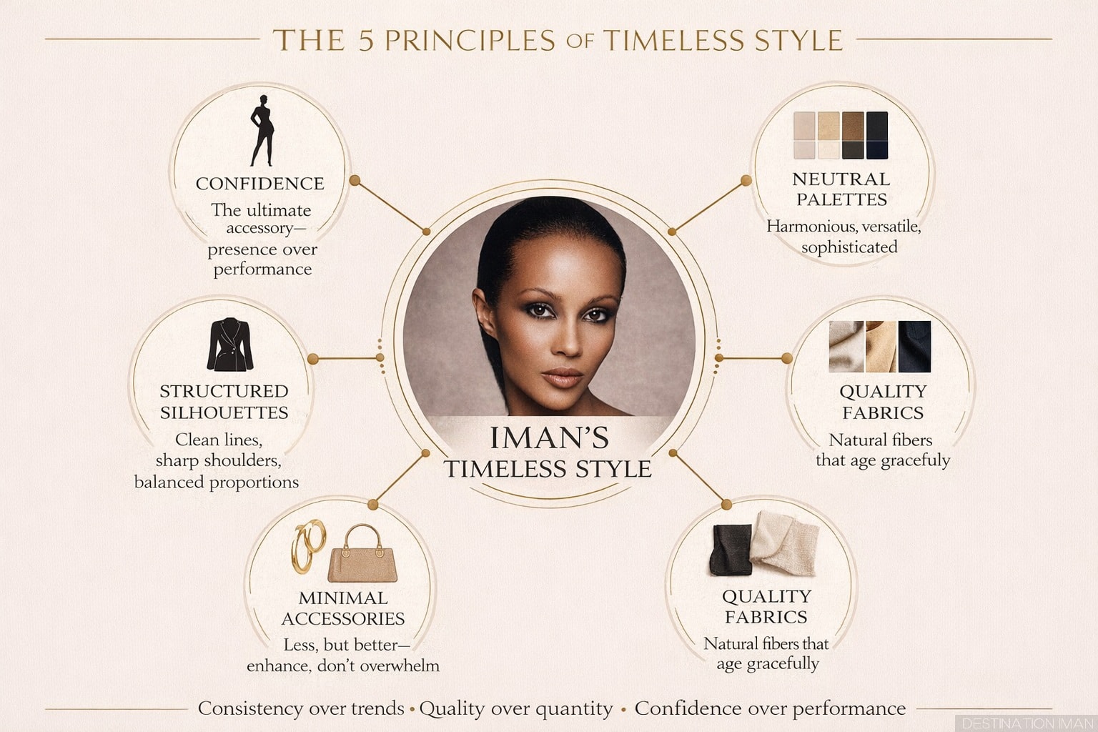 Diagram showing Iman's five timeless style principles: structured silhouettes, neutral palettes, quality fabrics, minimal accessories, and confidence