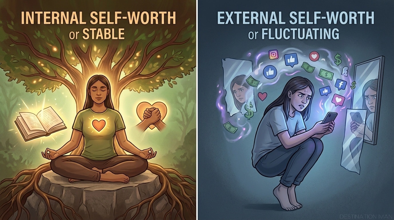 Split illustration comparing internal self-worth (woman meditating peacefully under tree with roots, surrounded by books and connection symbols in warm tones) versus external self-worth (same woman anxiously checking phone, surrounded by fluctuating social media metrics and mirrors in cold digital tones)