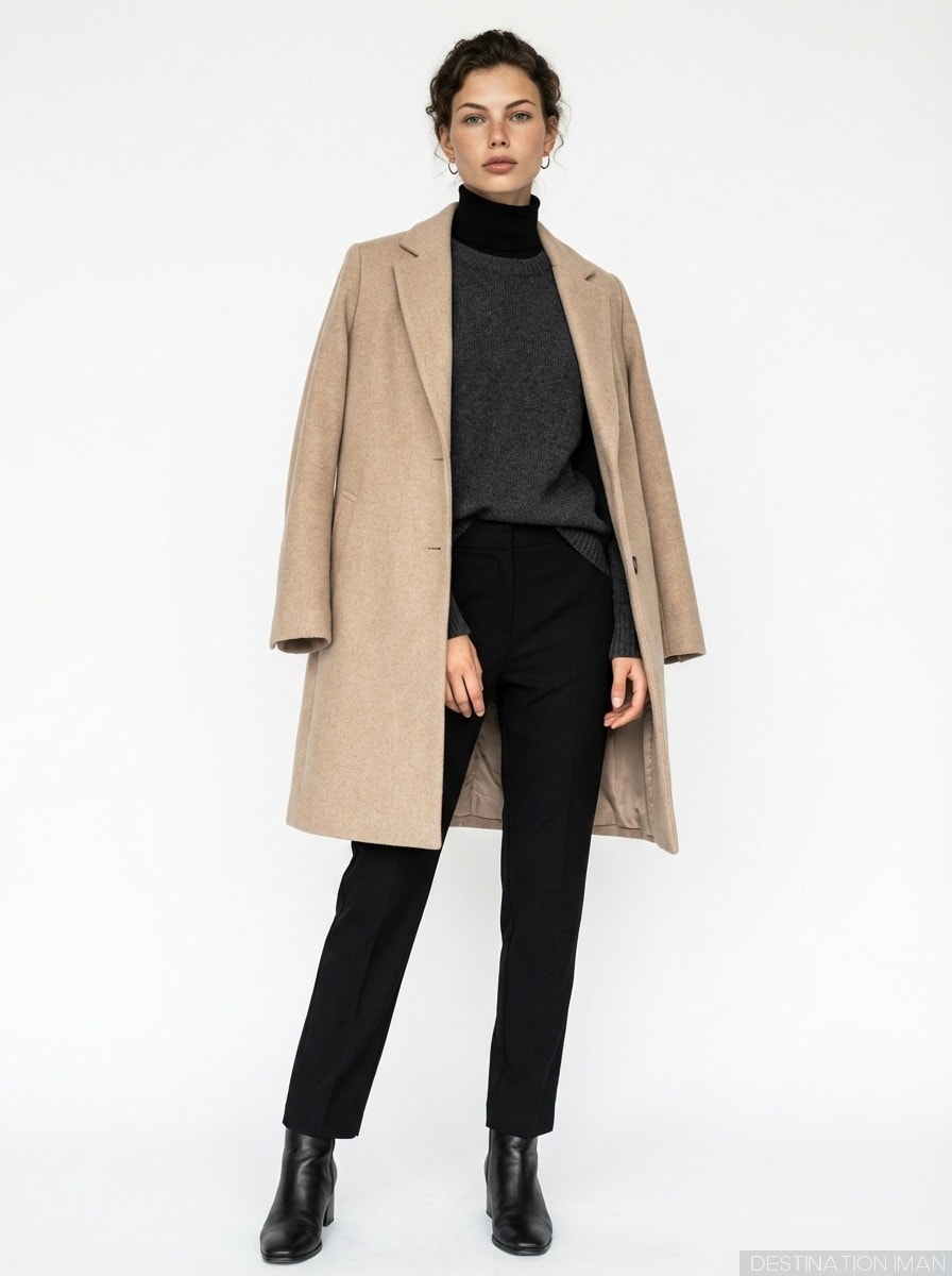 Woman wearing layered neutral outfit - black turtleneck under gray sweater under beige coat demonstrating sophisticated layering