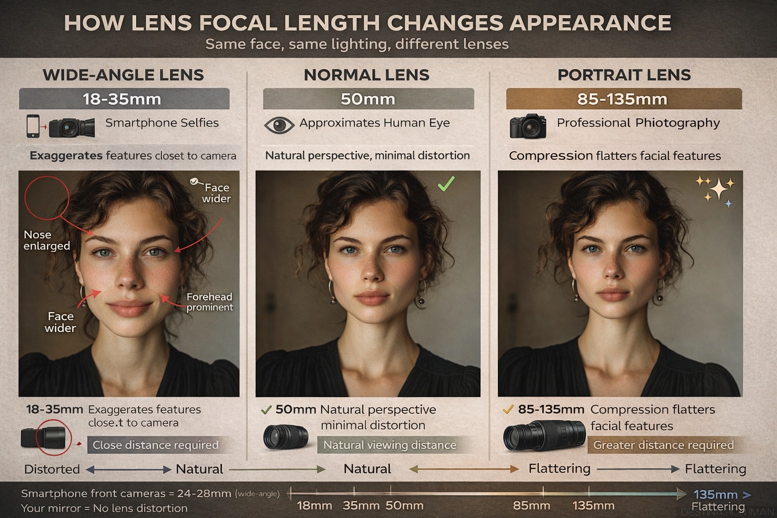Three-column comparison showing how lens focal length changes facial appearance: left shows wide-angle lens (18-35mm) with exaggerated nose and wider face used in smartphone selfies; center shows normal lens (50mm) approximating human eye with natural perspective; right shows portrait lens (85-135mm) with compression that flatters facial features used in professional photography
