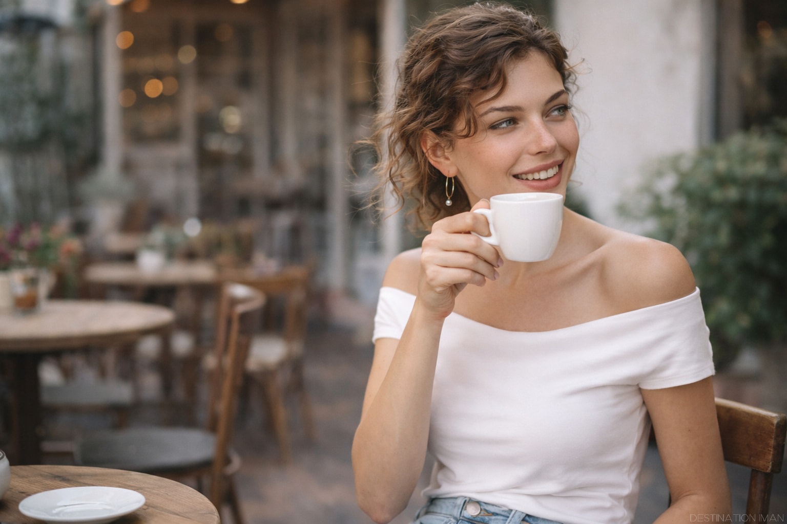 Natural lifestyle portrait in cafe setting demonstrating authentic candid posing for social media
