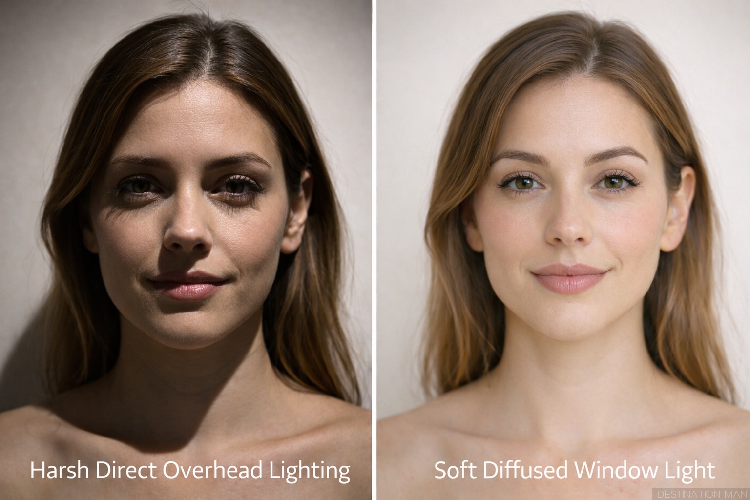 Side-by-side comparison showing how lighting affects appearance - harsh overhead lighting versus soft diffused window light