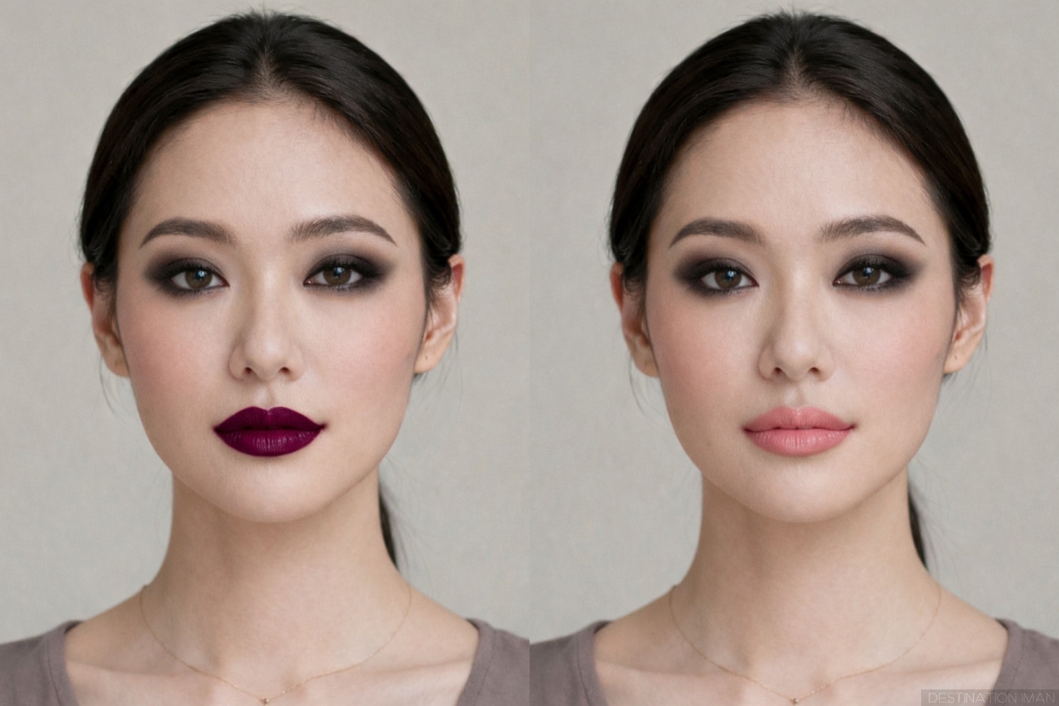Comparison of mismatched dark lipstick versus balanced nude lip color in portrait photography