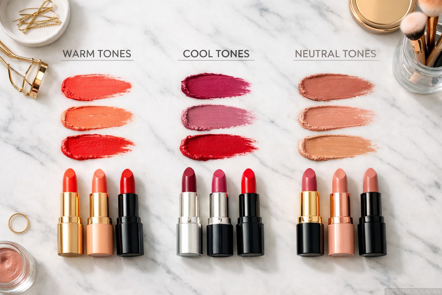 Lipstick shade swatches organized by warm, cool, and neutral undertones