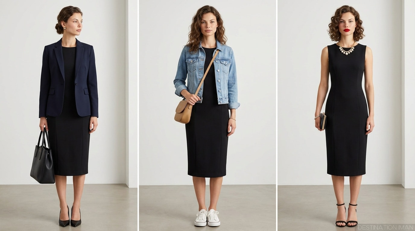 Little black dress styled three ways showing work, casual, and evening versatility