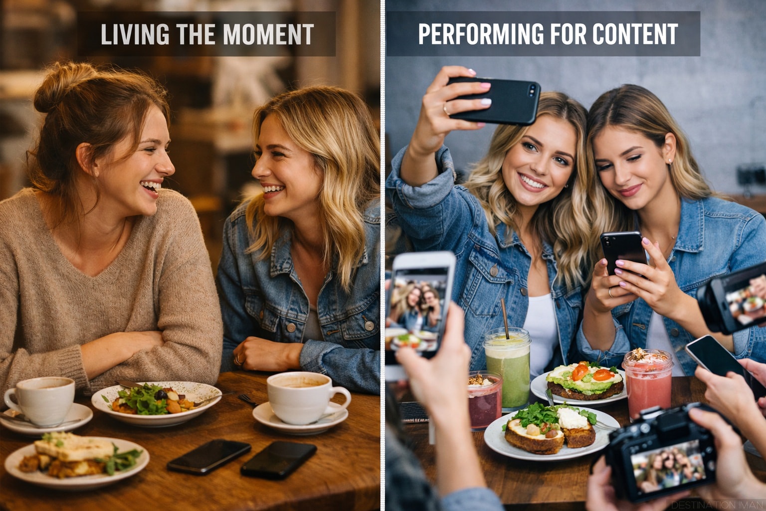 Split-screen comparison of the same cafe moment: left side shows two friends genuinely engaged in conversation with natural laughter, partially eaten food, and phones face-down; right side shows the same friends now performing for three cameras, checking screens, with untouched perfectly-arranged food
