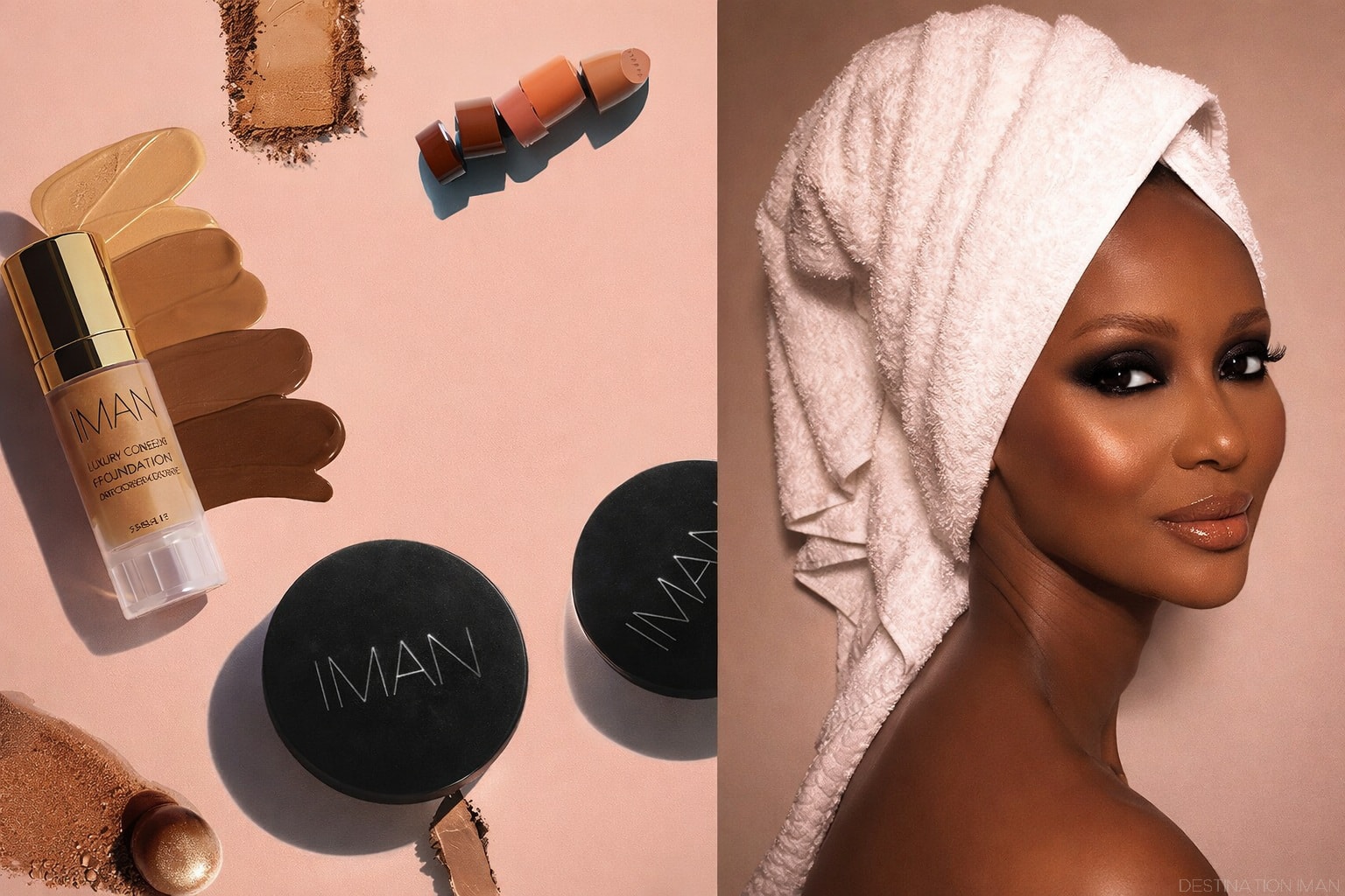 Luxury beauty makeup products with foundation shades and elegant portrait of a woman with glowing skin