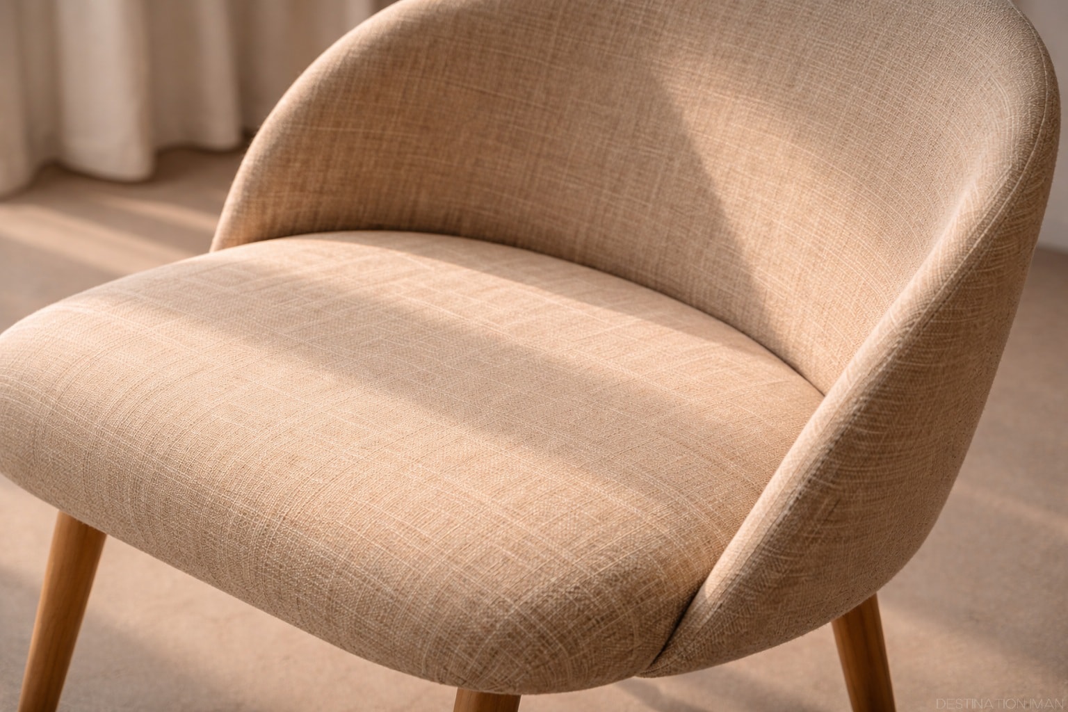 Close-up of premium linen fabric on minimalist chair showing exceptional material quality and craftsmanship in simple luxury design