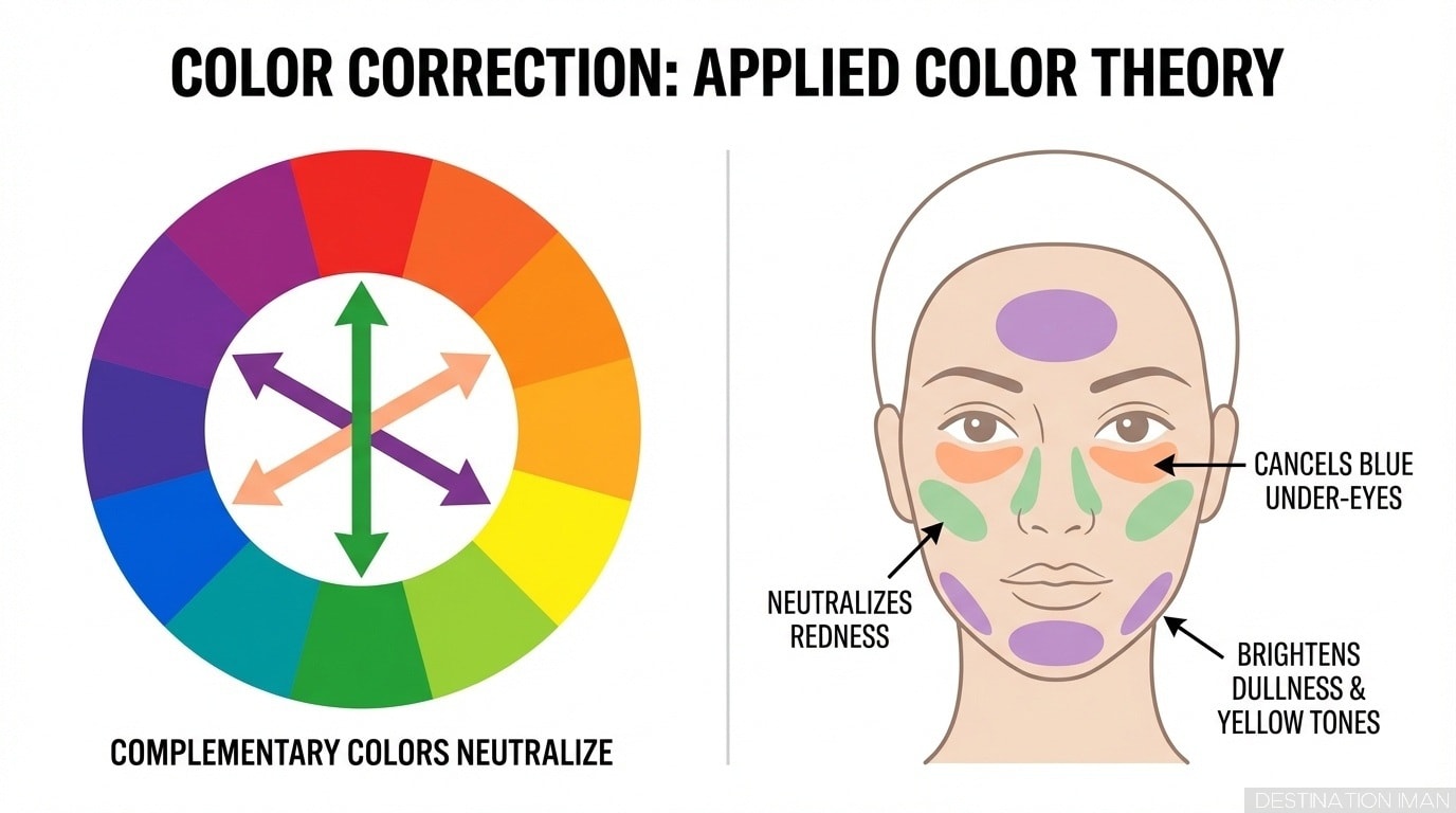 Educational diagram showing color correction wheel and makeup application zones: green corrector for redness, peach for blue under-eyes, purple for yellow tones, with before/after examples