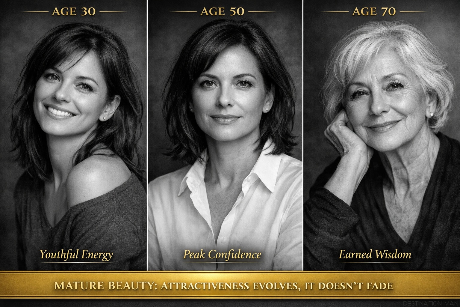 Three-panel comparison showing same woman at ages 30, 50, and 70 in black and white portraits, demonstrating evolution of attractiveness from youthful energy to peak confidence to earned wisdom