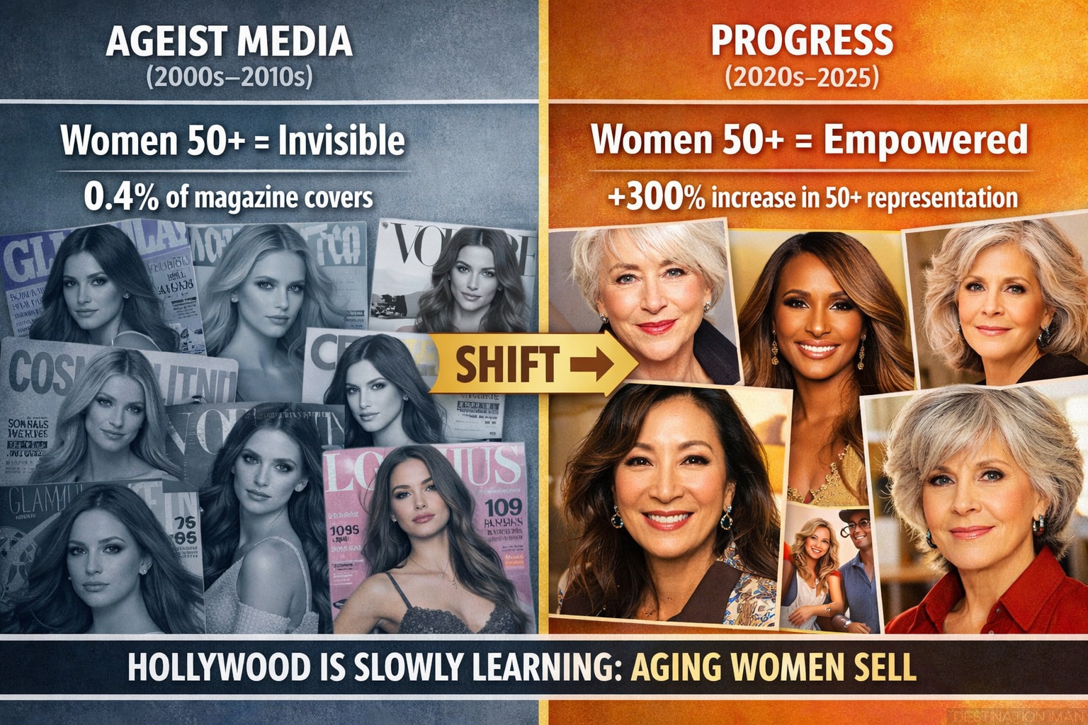 Split comparison showing media ageism evolution: left panel shows 2000s-2010s magazine covers with only young models (0.4% featured women 50+), right panel shows 2020s-2025 empowered mature women celebrities including Helen Mirren, Iman, Michelle Yeoh, Jane Fonda with 300% increase in 50+ representation